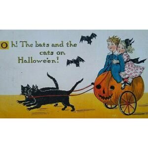 Halloween Postcard Tucks Black Cats Buggy Coach Carriage 190 RARE Fantasy